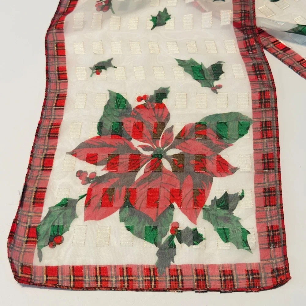 Poinsettia Holly Scarf White Red Plaid Festive Christmas Vintage OS Holiday 61x9
